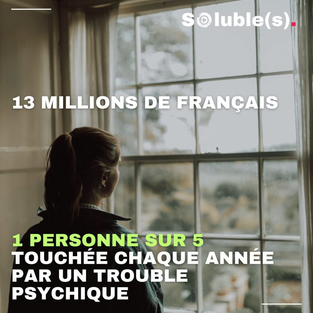 Une femme de dos regarde par la fenêtre. Texte sur l'image : 13 MILLIONS DE FRANÇAIS 1 PERSONNE SUR 5 TOUCHÉE CHAQUE ANNÉE PAR UN TROUBLE PSYCHIQUE