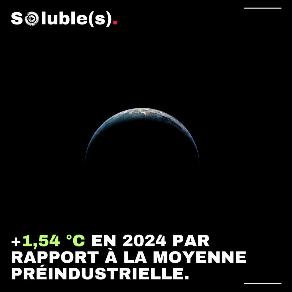 Vue depuis l'espace, un "Croissant de Terre" la majeure partie de la planète est dans la nuit sur ce cliché. Texte : +1,54 °C EN 2024 PAR RAPPORT À LA MOYENNE PRÉINDUSTRIELLE.