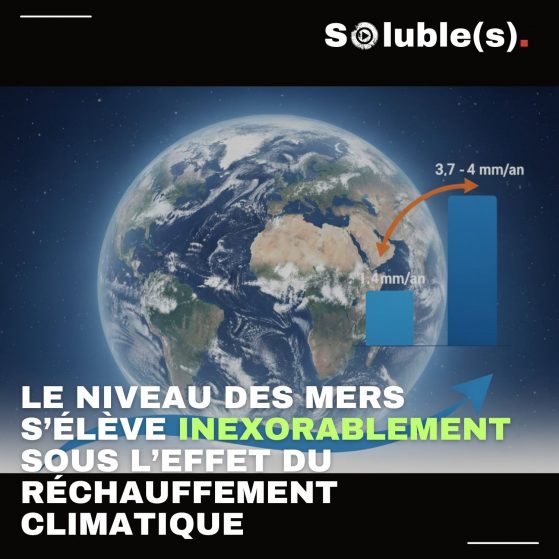 Infographie illustrant le rythme de la hausse du niveau des mers. Visuel globe terrestre. Texte : LE NIVEAU DES MERS S’ÉLÈVE INEXORABLEMENT SOUS L’EFFET DU RÉCHAUFFEMENT CLIMATIQUE