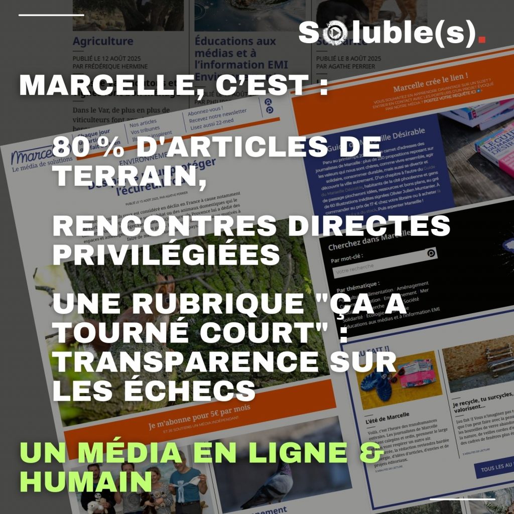 capture d'écran page d'accueil de marcelle.media Texte : MARCELLE, C’EST : 80 % D'ARTICLES DE TERRAIN, RENCONTRES DIRECTES PRIVILÉGIÉES UNE RUBRIQUE "ÇA A TOURNÉ COURT" : TRANSPARENCE SUR LES ÉCHECS UN MÉDIA EN LIGNE & HUMAIN
