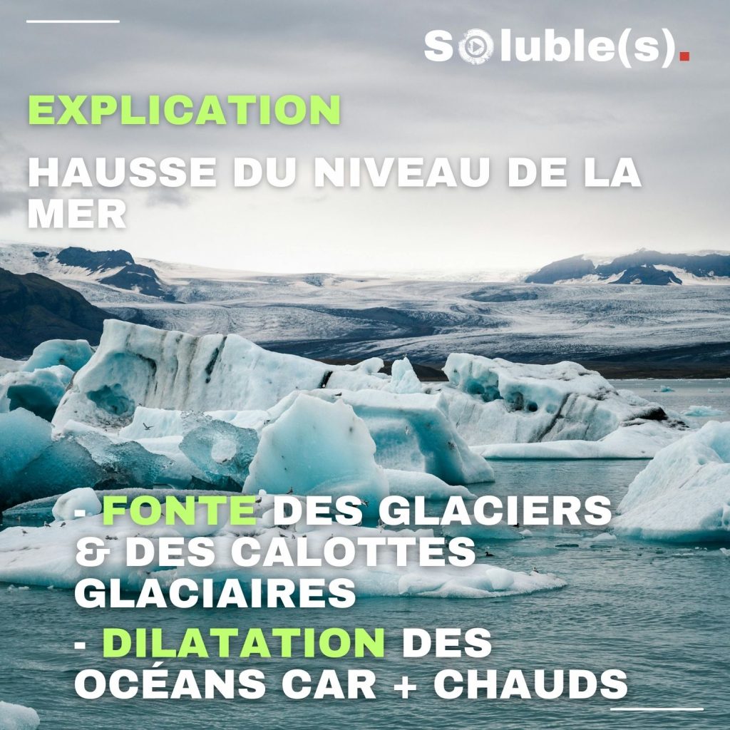 Vue de la banquise et au premier plan de petits icebergs qui flottent dans la mer.Texte : - DILATATION DES OCÉANS CAR + CHAUDS HAUSSE DU NIVEAU DE LA MER EXPLICATION - FONTE DES GLACIERS & DES CALOTTES GLACIAIRES