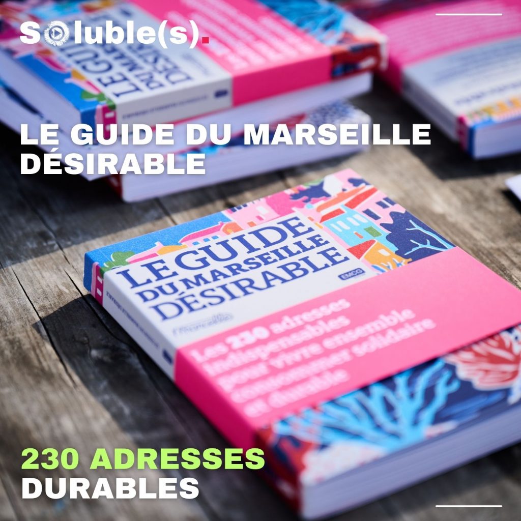 Couverture colorée du guide du Marseille Désirable. (Tons de bleu, blanc, fusina)
