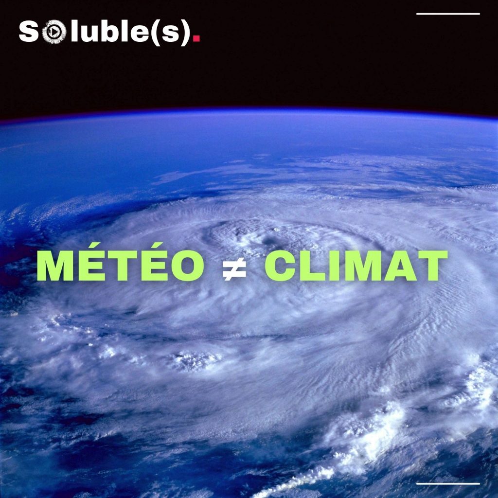 Vue satellite d’un vaste système nuageux sur Terre illustrant un phénomène météorologique, avec le texte « Météo ≠ Climat » pour expliquer la différence entre météo et climat.