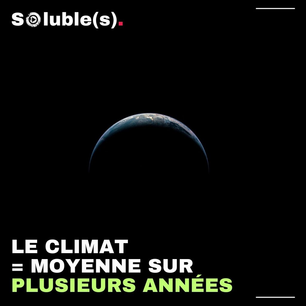 Image de la Terre vue depuis l’espace dans l’obscurité, illustrant la notion de climat comme moyenne sur plusieurs années, avec le texte explicatif en bas de l’image.