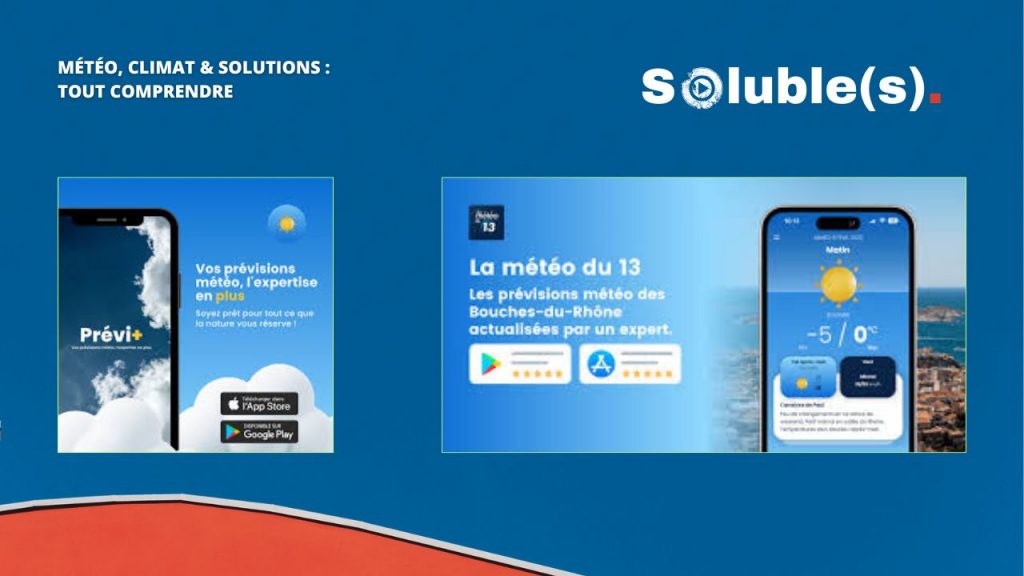 Présentation visuelle des applications mobiles Prévi+ et La météo du 13 : captures d’écran d’applications météo locales, logos App Store et Google Play, mises en avant de fonctionnalités expertes pour les prévisions dans les Bouches-du-Rhône et la région.