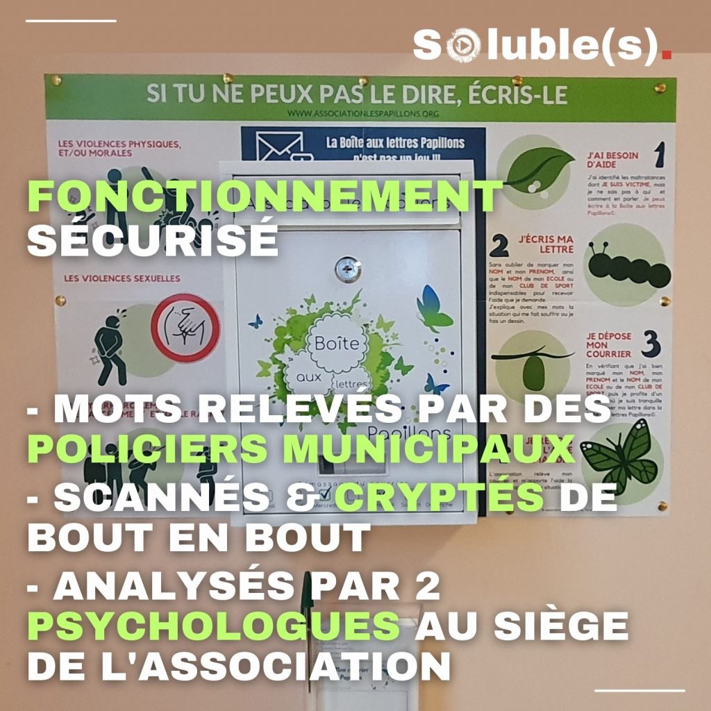 Photo du Boîtes aux lettres Papillons installée sur un mur, avec un panneau de mode d'emploi. "Si tu ne peux pas le dire, écris le" est mis en exergue. Texte ajoutée par Soluble(s) : FONCTIONNEMENT SÉCURISÉ - MOTS RELEVÉS PAR DES POLICIERS MUNICIPAUX - SCANNÉS & CRYPTÉS DE BOUT EN BOUT - ANALYSÉS PAR 2 PSYCHOLOGUES AU SIÈGE DE L'ASSOCIATION 