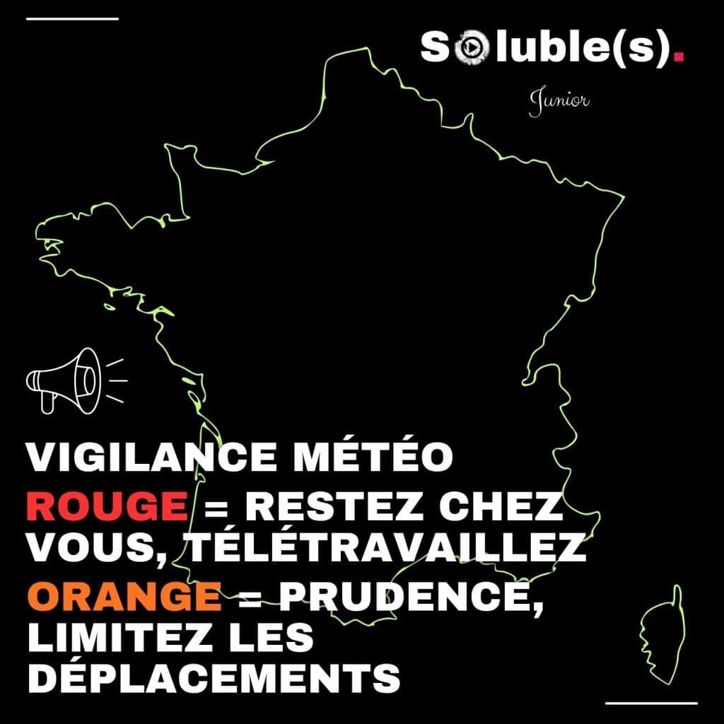 Carte simple de la France métropolitaine et de la Corse avec le texte qui explique les consignes des alertes météo : Rouge = restez chez vous, télétravaillez ; Orange = prudence, limitez les déplacements.