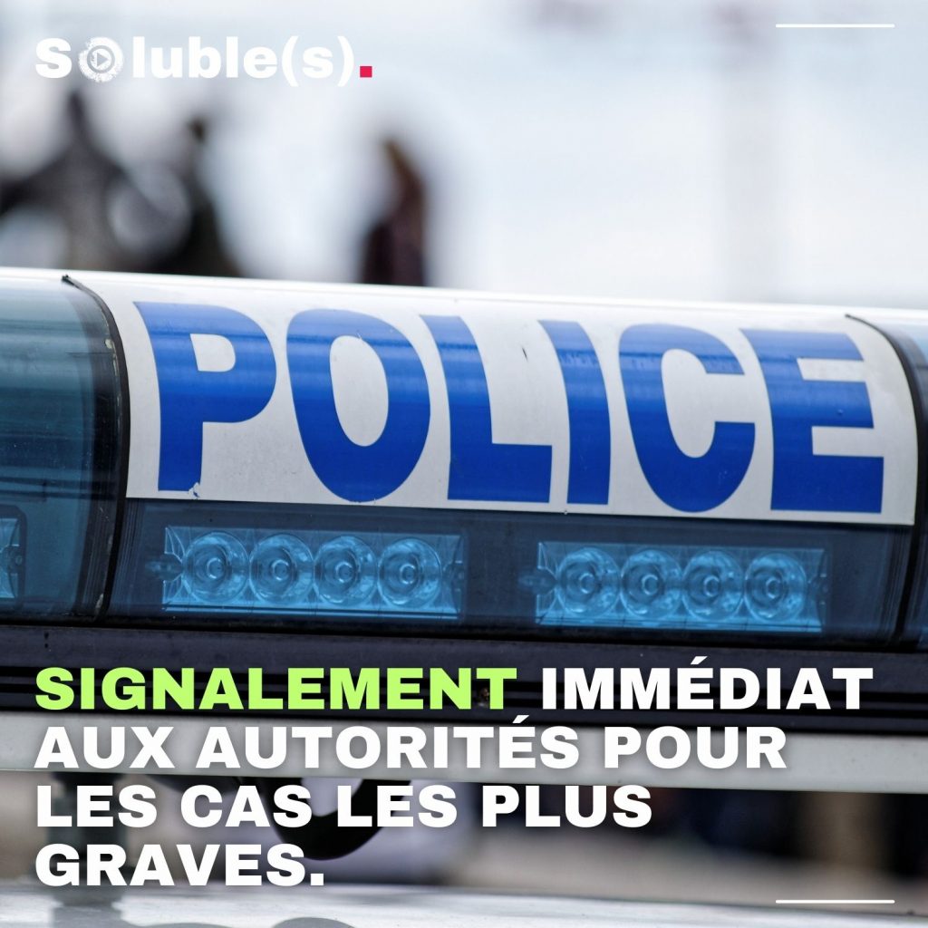 Photo : Gyrophare de Police. Texte : SIGNALEMENT IMMÉDIAT AUX AUTORITÉS POUR LES CAS LES PLUS GRAVES.
