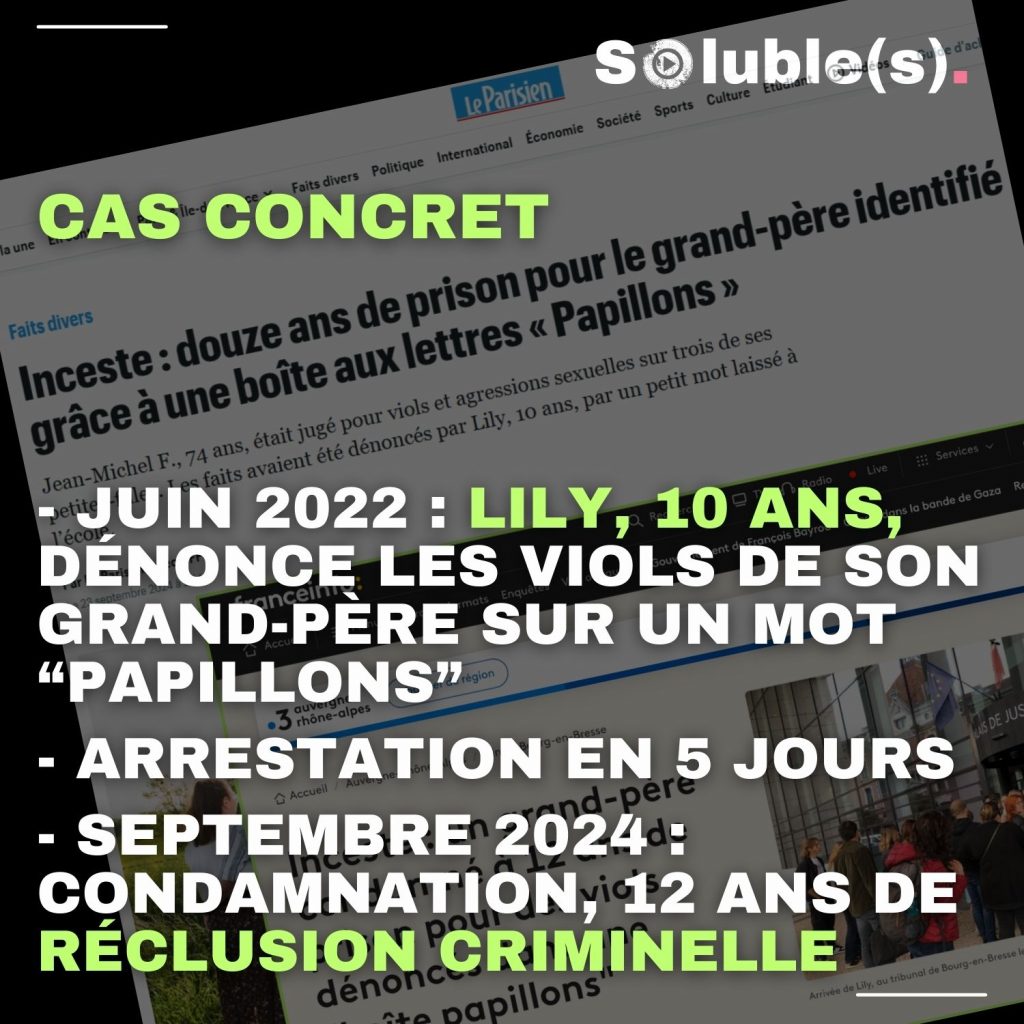 Capture d'écran des articles de presse sur l'affaire Lily - Le Parisien et France Info. Texte sur l'image : CAS CONCRET - JUIN 2022 : LILY, 10 ANS, DÉNONCE LES VIOLS DE SON GRAND-PÈRE SUR UN MOT “PAPILLONS” - ARRESTATION EN 5 JOURS - SEPTEMBRE 2024 : CONDAMNATION, 12 ANS DE RÉCLUSION CRIMINELLE