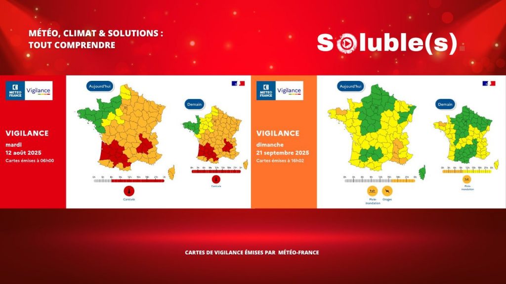 Cartes de vigilance Météo-France du 12 août et 21 septembre 2025, montrant les alertes rouges canicule et alertes orange pluie, inondation et orages en France, avec codes couleurs par département.