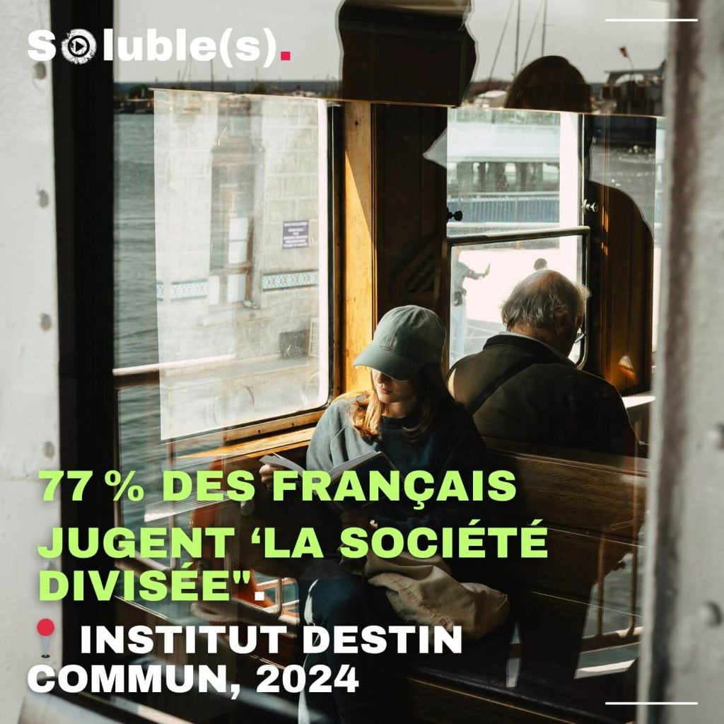 À travers la vitre d’un tramway ou d’un train, une femme en casquette et un homme âgé sont assis de dos, séparés par un banc en bois ; ils semblent absorbés par leurs pensées, dos à dos, sans interaction. Le texte en surimpression indique : “77% des Français jugent ‘la société divisée’. Institut Destin Commun, 2024”. Image illustrant la distance sociale et le sentiment de division en France pour l’épisode “Faut qu’on parle” du podcast Soluble(s) avec Béatrice Bouniol.