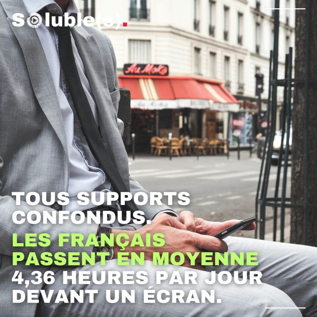 Un homme en costume consulte son smartphone assis sur un banc parisien. Texte informatif indiquant que les Français passent en moyenne 4,36 heures par jour devant un écran, tous supports confondus.