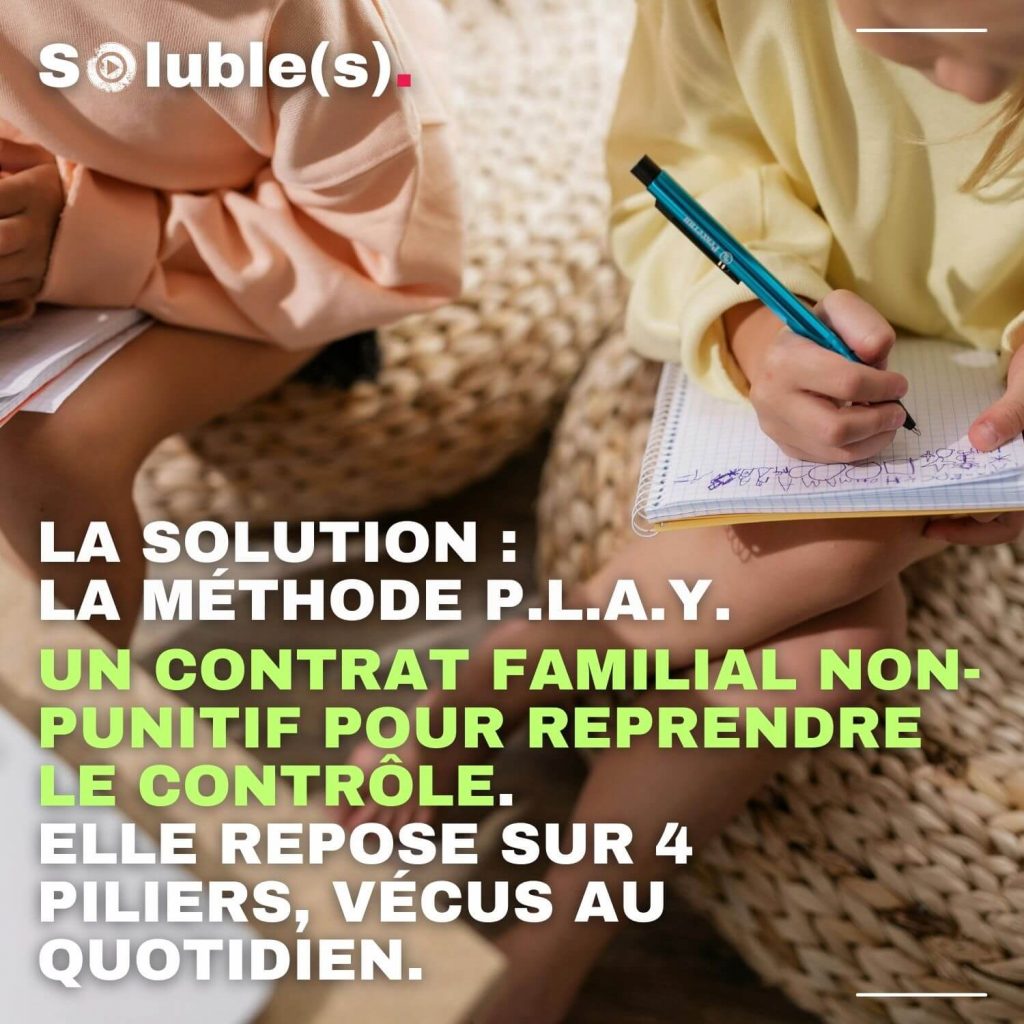 Gros plan sur les mains d'enfants dessinant sur un carnet. Le texte présente la méthode P.L.A.Y. comme une solution de contrat familial non-punitif reposant sur 4 piliers pour reprendre le contrôle des écrans.
