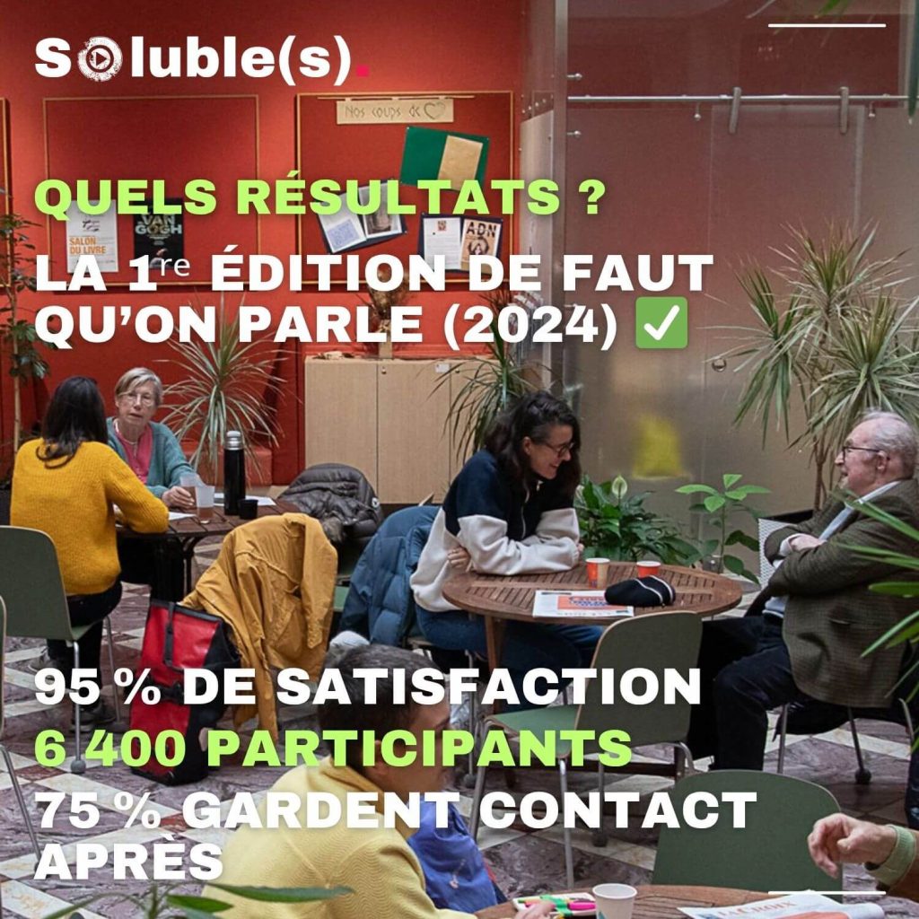 Vue d’une salle conviviale lors de l’édition 2024 de “Faut qu’on parle”. Plusieurs duos de participants échangent assis autour de tables, entourés de plantes et dans une ambiance chaleureuse. Au premier plan figurent un journal, des gobelets et des accessoires colorés. En surimpression : chiffres clés sur la satisfaction (95%), la participation (6 400) et les nouveaux liens créés (75% gardent contact). Image illustrant concrètement l’impact humain et la réussite du dispositif.