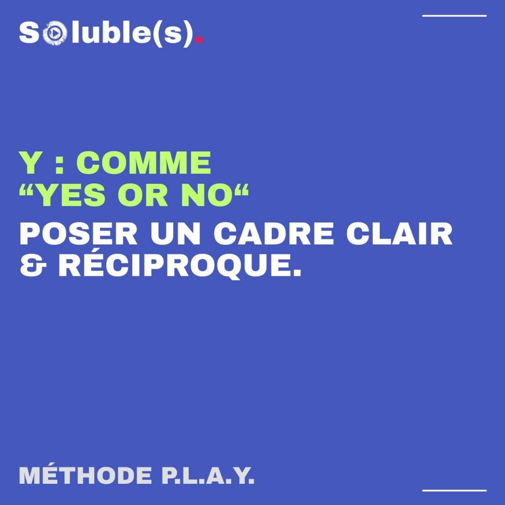 Explication de la dernière lettre de la méthode P.L.A.Y. : « Y comme Yes or No ». Ce point souligne l'importance de poser un cadre clair et réciproque concernant les règles d'utilisation.