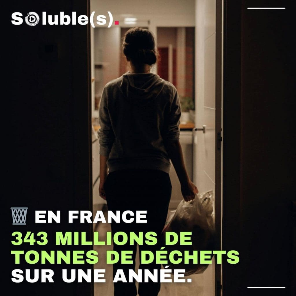 Silhouette d'une personne de dos marchant dans un couloir sombre en tenant un sac poubelle. Texte : En France 343 millions de tonnes de déchets sur une année.