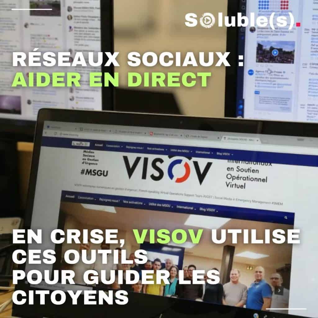 Écrans de veille Twitter et site de VISOV sur un ordinateur, avec le texte « RÉSEAUX SOCIAUX : AIDER EN DIRECT – EN CRISE, VISOV UTILISE CES OUTILS POUR GUIDER LES CITOYENS »