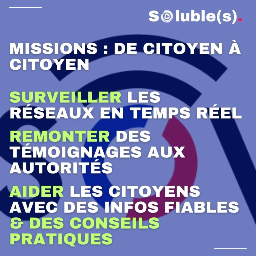 Fond bleu avec le logo Soluble(s) et un motif graphique en arcs, accompagné du texte en grandes lettres blanches et vertes : « MISSIONS : DE CITOYEN À CITOYEN – SURVEILLER LES RÉSEAUX EN TEMPS RÉEL – REMONTER DES TÉMOIGNAGES AUX AUTORITÉS – AIDER LES CITOYENS AVEC DES INFOS FIABLES & DES CONSEILS PRATIQUES ».