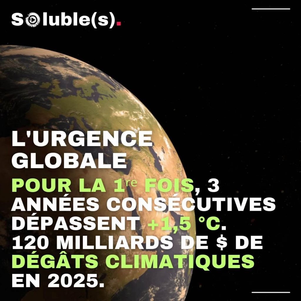 Visuel Soluble(s) montrant la planète Terre vue de l’espace sur fond noir, avec le texte : “L’urgence globale : pour la 1re fois, 3 années consécutives dépassent +1,5 °C. 120 milliards de dollars de dégâts climatiques en 2025.”